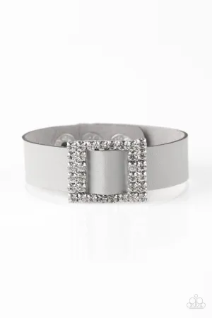 Diamond Diva Silver Leather and White Rhinestone Wrap Snap Bracelet - Paparazzi Accessories