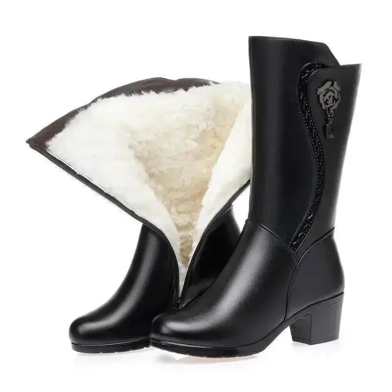 High-Heeled Boots with Thick Wool Lining-Genuine Snow Boots