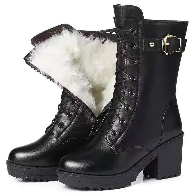 High-Heeled Boots with Thick Wool Lining-Genuine Snow Boots