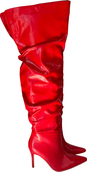PrettyLittleThing Cherry Red Point Toe Patent Pu Angled Edge Knee High Heeled Boots UK 6 EU 39 