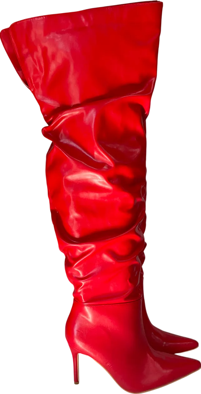 PrettyLittleThing Cherry Red Point Toe Patent Pu Angled Edge Knee High Heeled Boots UK 6 EU 39 