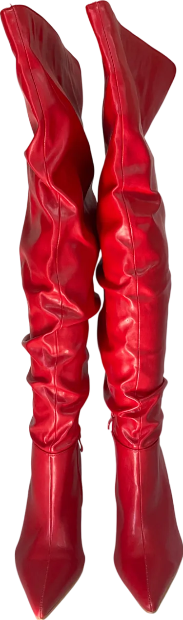 PrettyLittleThing Cherry Red Point Toe Patent Pu Angled Edge Knee High Heeled Boots UK 6 EU 39 